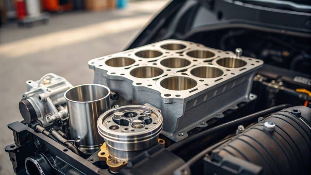 alt with keywords: cutaway view of a car engine highlighting various aluminum components like block, head, pistons